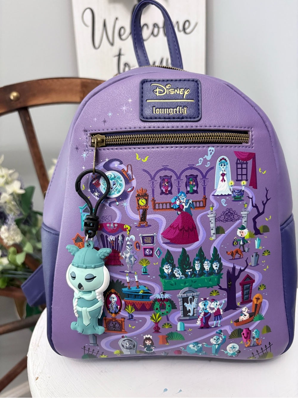 LOUNGEFLY Haunted Mansion Purple Mini Backpack w/ Teal Ghost Charm-HTF